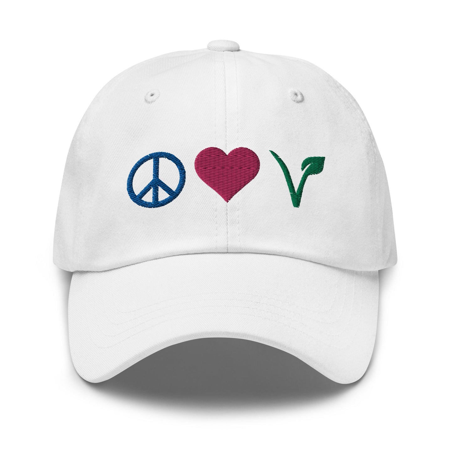 Peace, Love, Vegan Hat / Cap With Premium Multi - color Stitched Embroidery - Vegan America