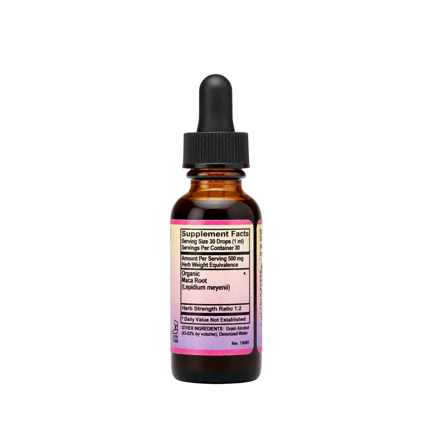 Eleven TLC Maca tincture 1 oz supplement facts label showing ingredient listing and 1:2 extraction strength ratio.
