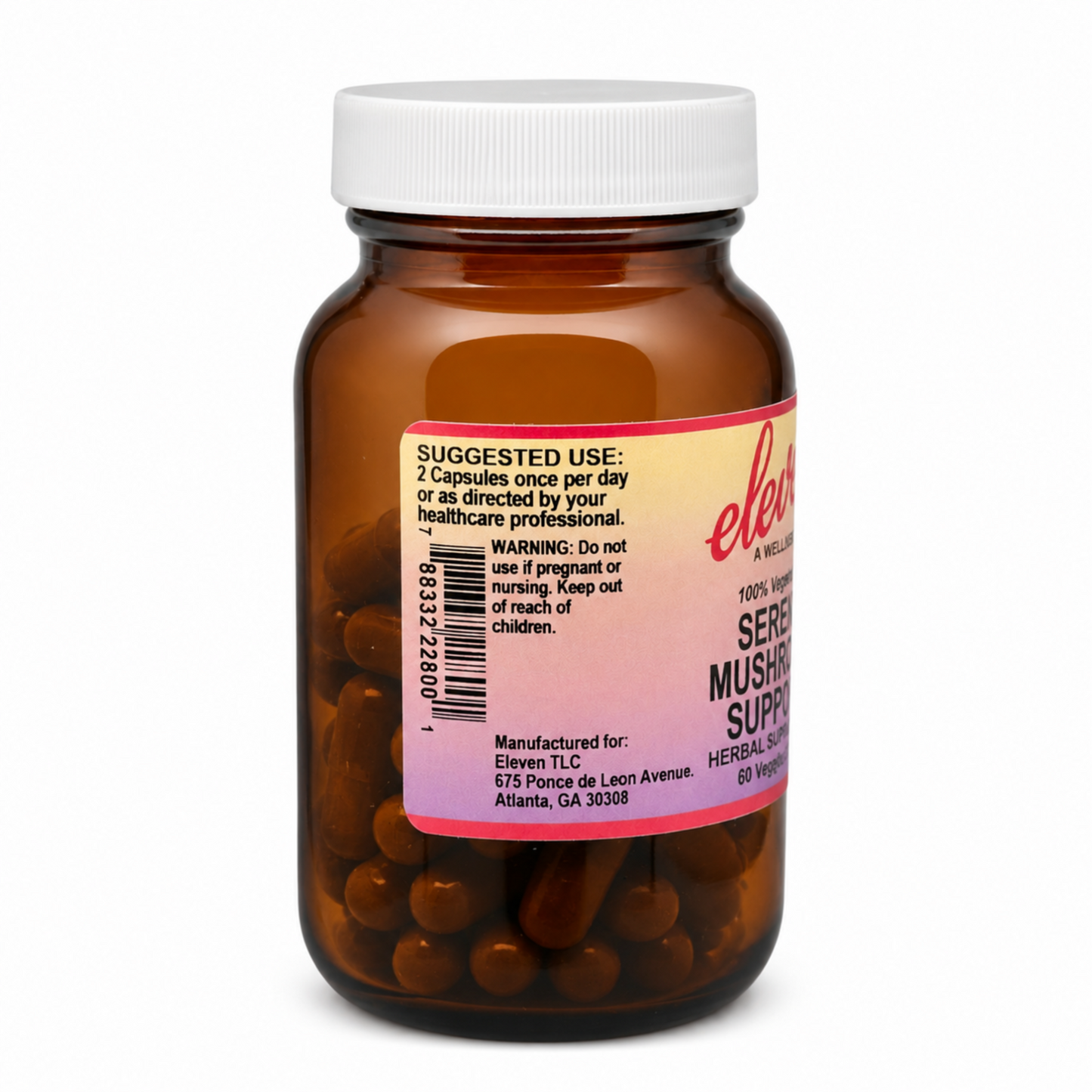 Eleven TLC Serene Mushroom + Herb capsules label: suggested use of 2 capsules daily as directed by your healthcare professional.
360