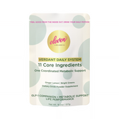 Front-facing studio view of the Eleven TLC Verdant Daily System packaging. The asset is a vertical, soft-touch matte pouch containing 517g of metabolic drink powder. The label design features clean, minimalist typography on a light, neutral background with subtle sage and yellow circular graphical accents. Key text '11 Core Ingredients' and 'One Coordinated Metabolic System' is clearly legible. The aesthetic is clinical and elevated, representing a functional dietary supplement.