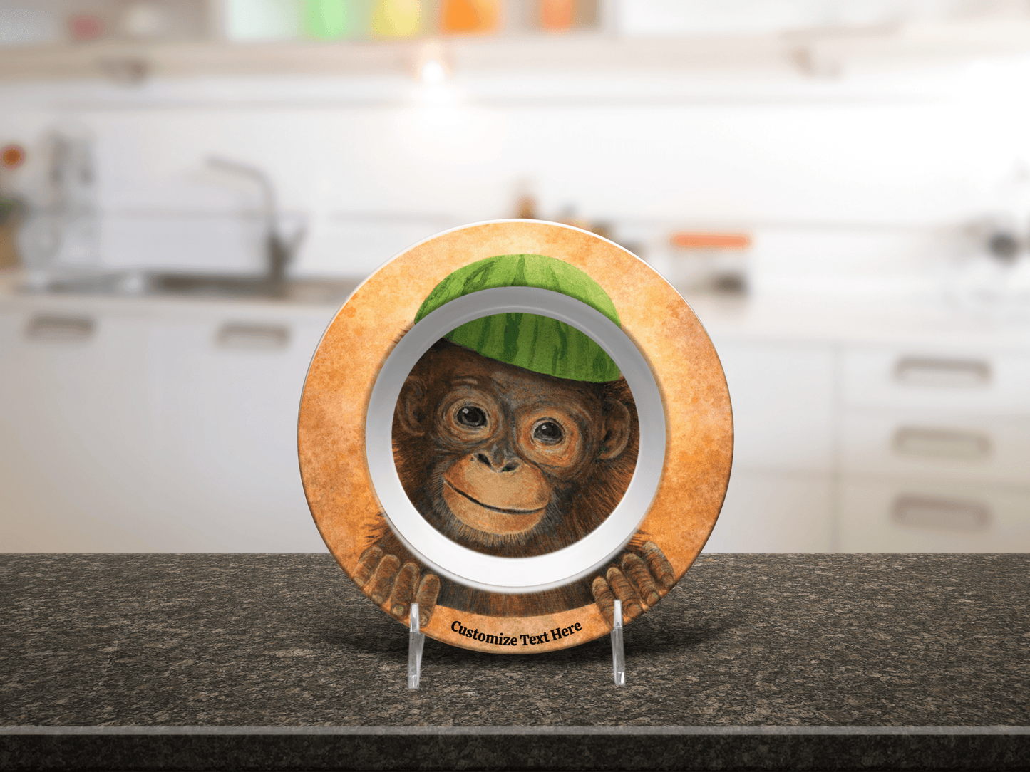 Personalized Kids Plate & Bowl with Monkey & Watermelon – Whimsical Tableware for Children - Vegan America