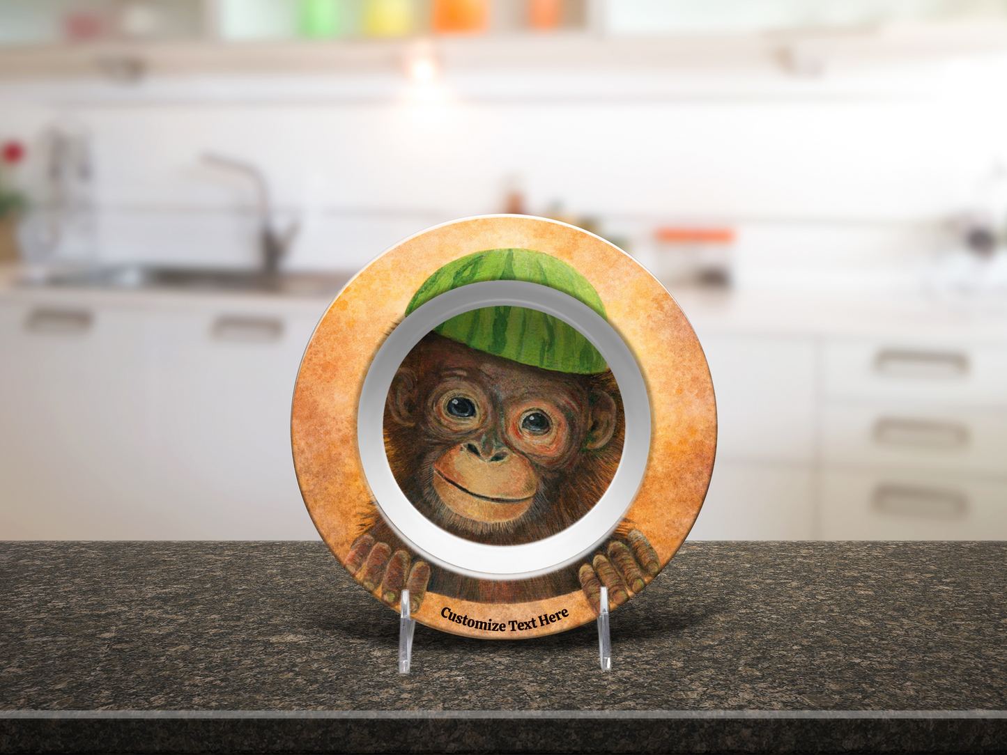Personalized Kids Plate & Bowl with Monkey & Watermelon – Whimsical Tableware for Children