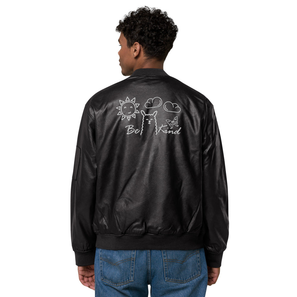 VEGAN "BE KIND" Unisex Embroidered Faux Leather Bomber Jacket