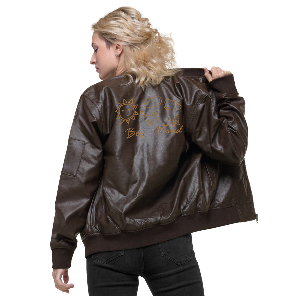 VEGAN "BE KIND" Unisex Embroidered Faux Leather Bomber Jacket