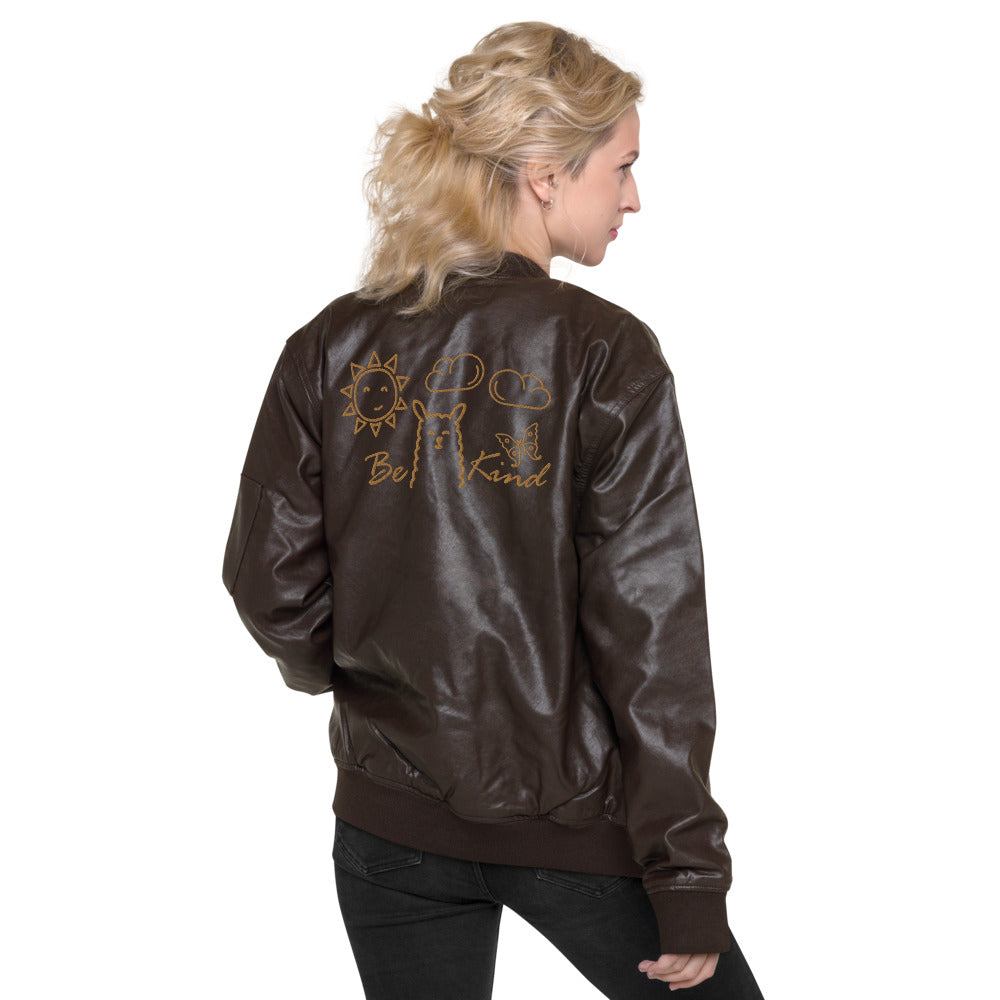 VEGAN "BE KIND" Unisex Embroidered Faux Leather Bomber Jacket