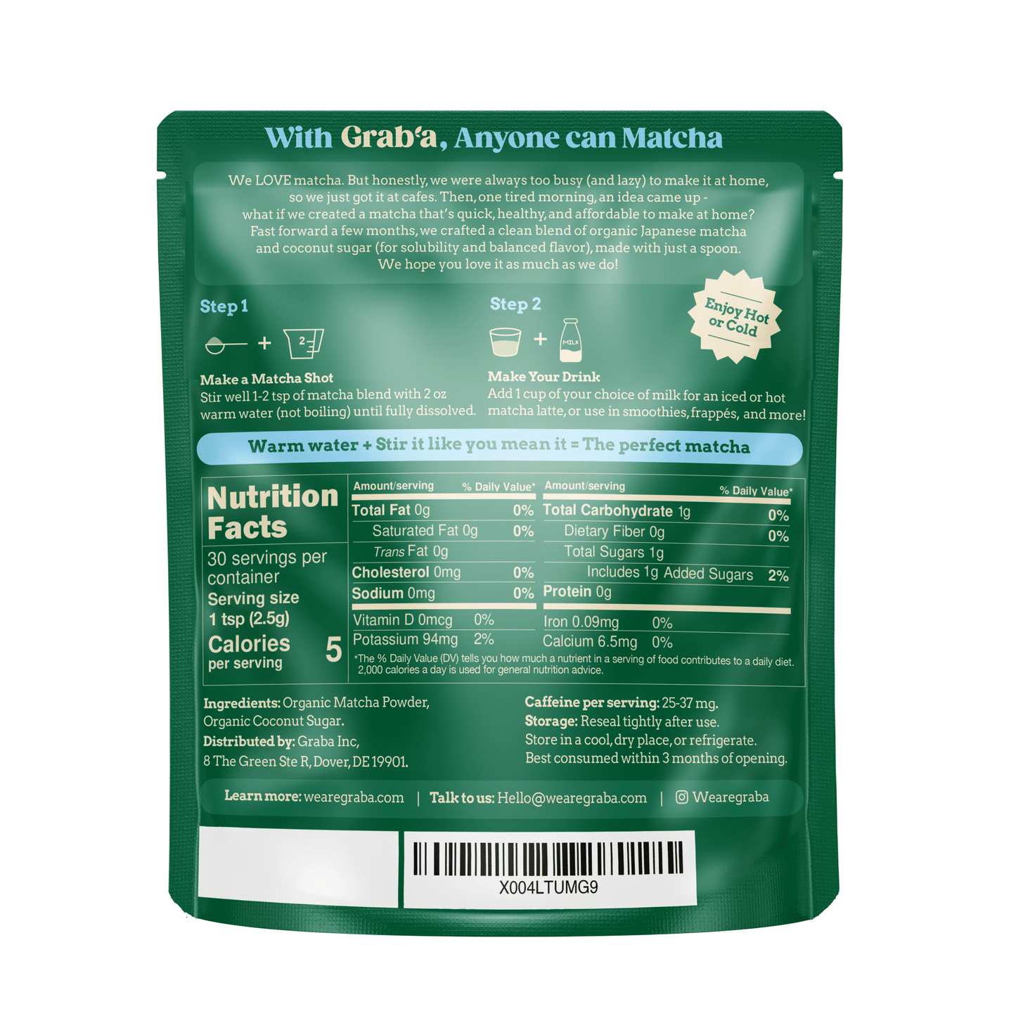 Grab’a Matcha Organic Instant Slightly Sweetened Matcha Green Tea Powder, Easy to Make Matcha Latte Mix, 30 servings, From Uji Japan (75g / 2.65oz) - Vegan America