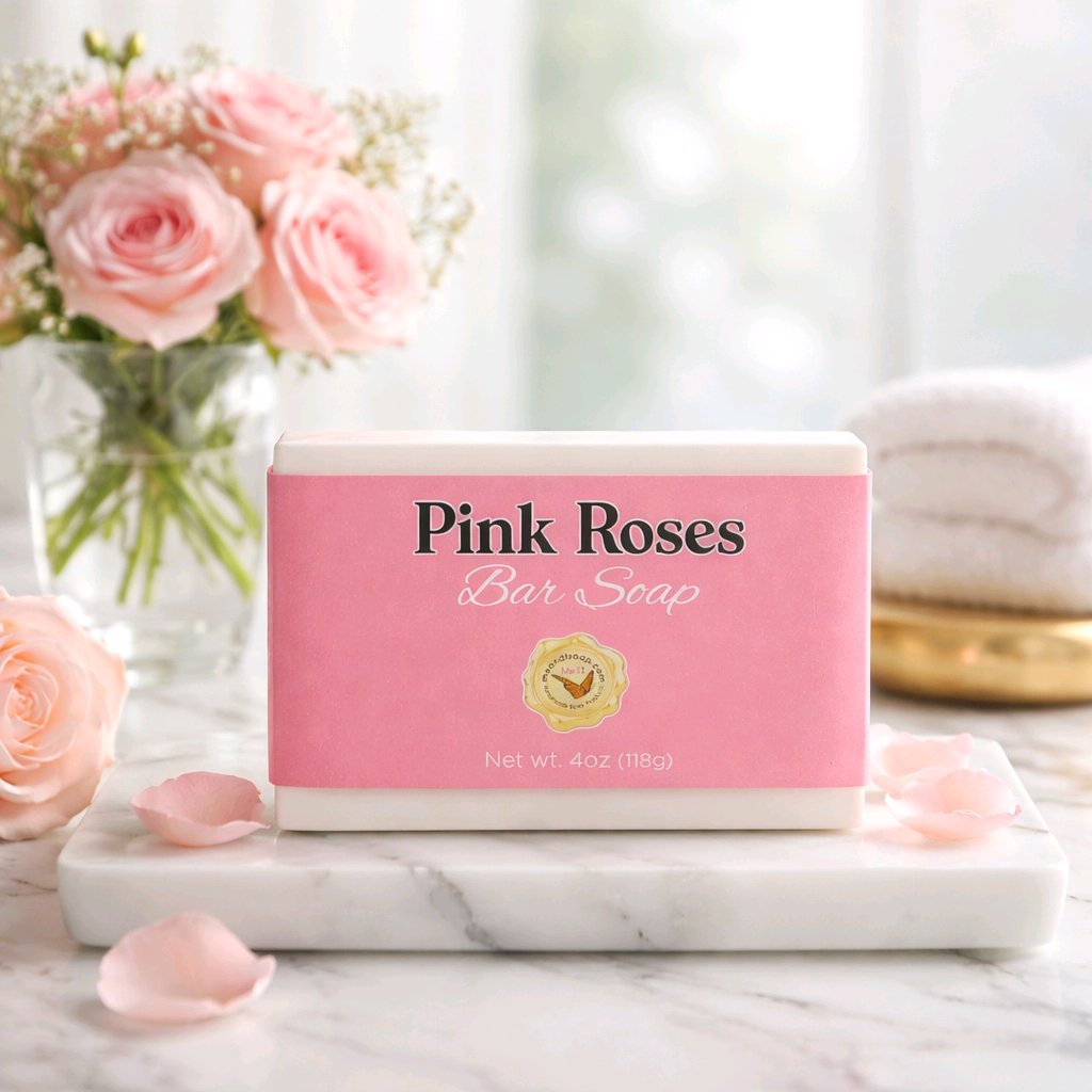 pink roses bar soap box on a marble slab with pink roses in a vase and petals around it
