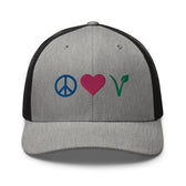 Peace, Love, Vegan Trucker Hat with Premium Multi-color Stitched Embroidery - Vegan America