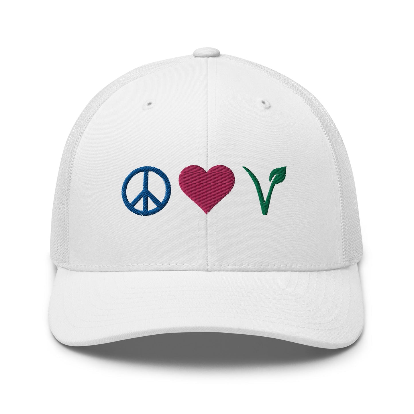 Peace, Love, Vegan Trucker Hat with Premium Multi - color Stitched Embroidery - Vegan America