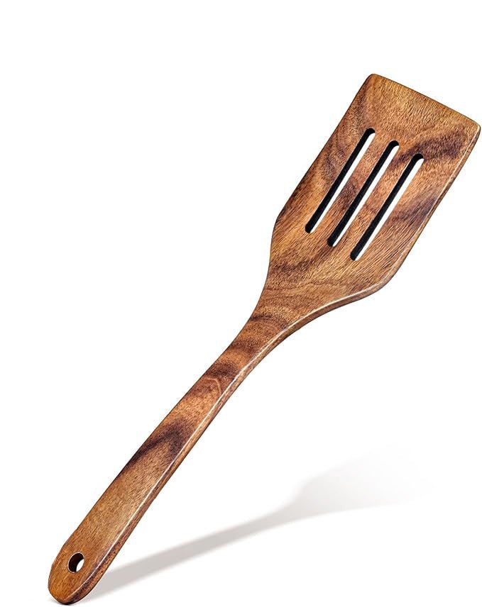 18" Acacia Wooden Holed Spoon/Slotted Spatula/Set | Cajun Cooking Utensils - Vegan America