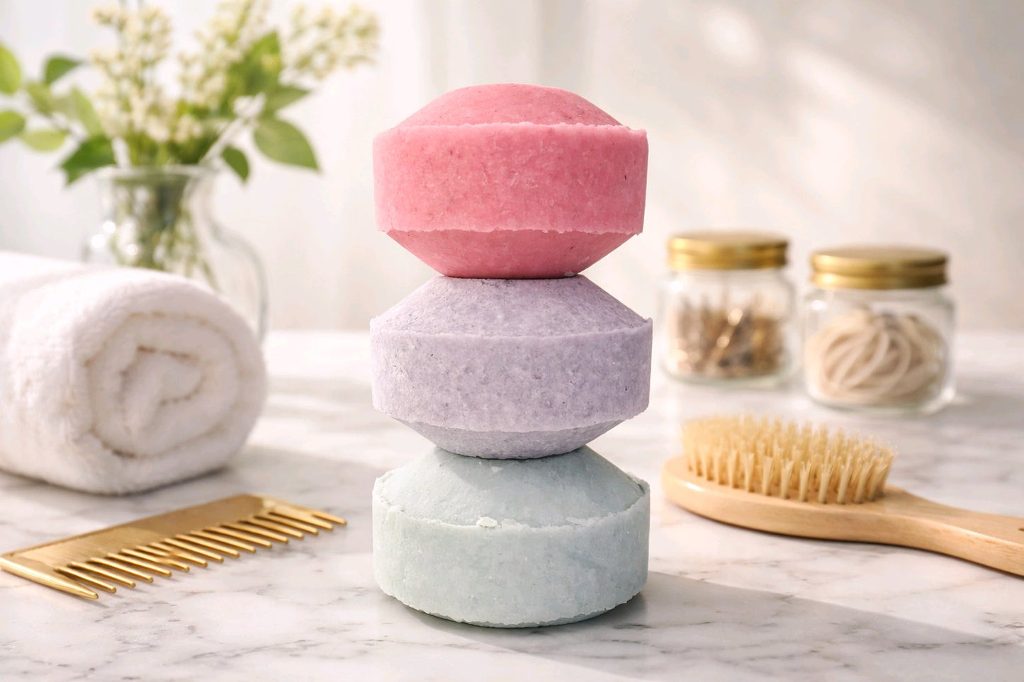 solid shampoo bars of different colors stacked vertically