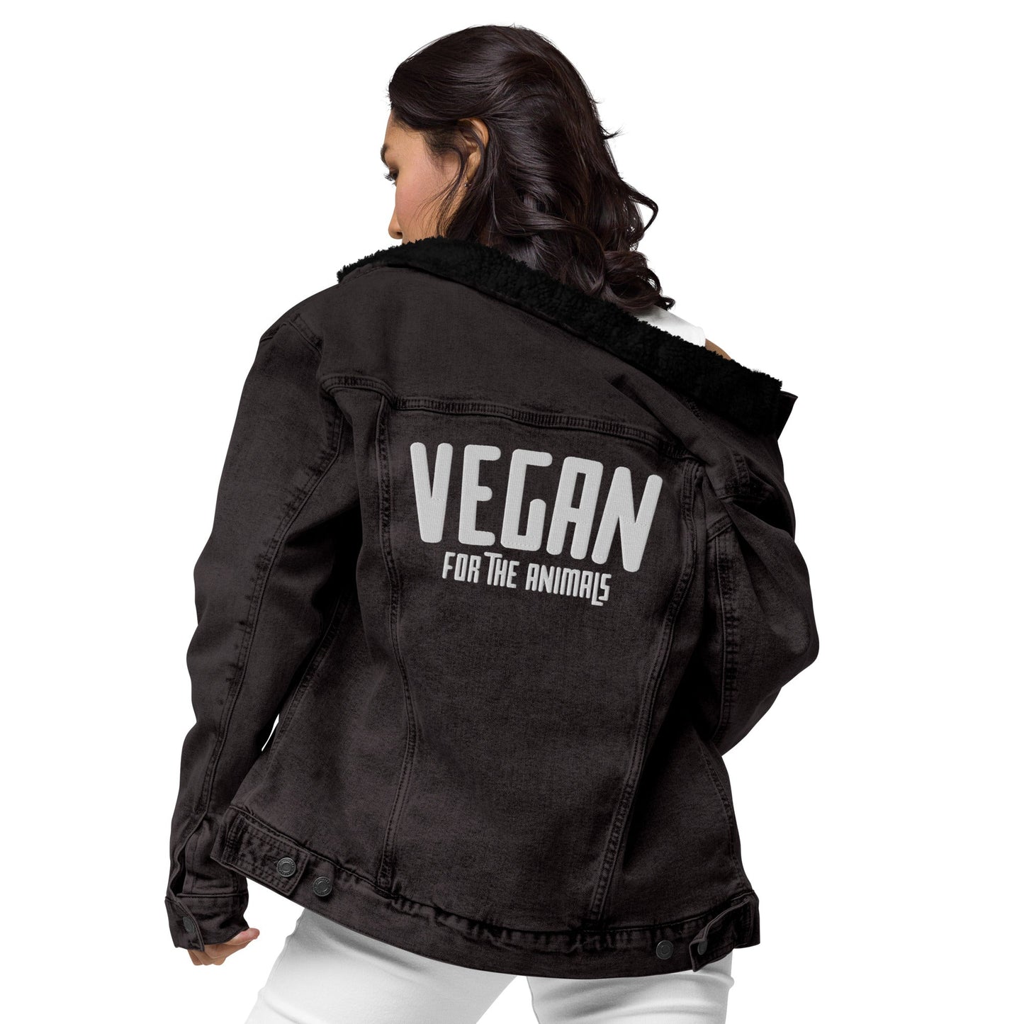 VEGAN For The Animals Embroidered Unisex denim sherpa jacket