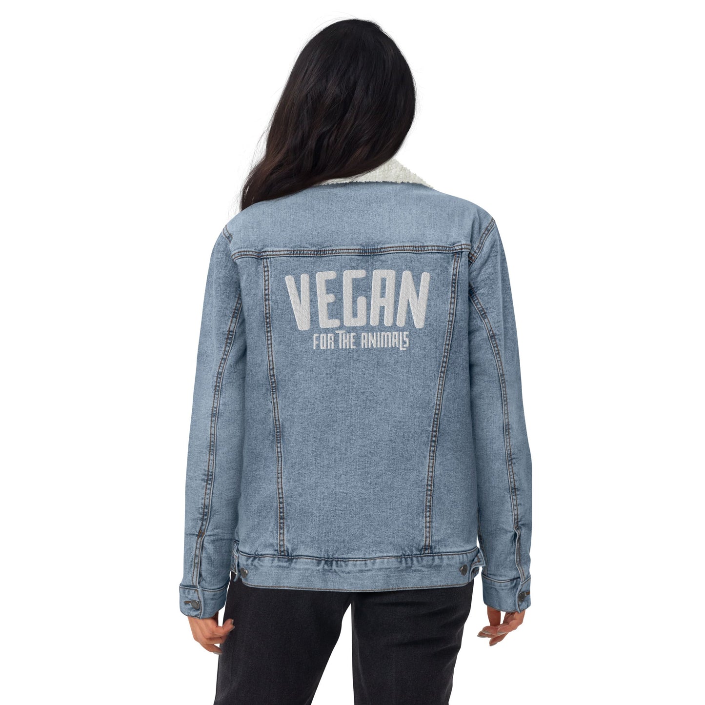 VEGAN For The Animals Embroidered Unisex denim sherpa jacket