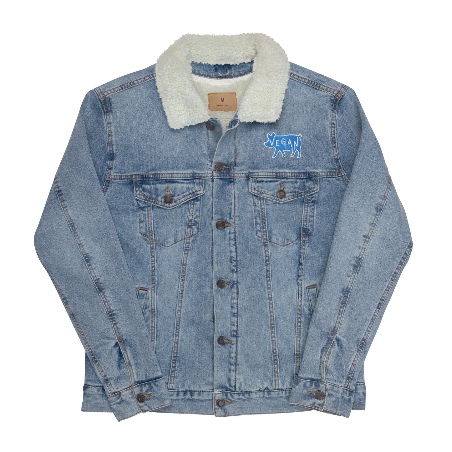 VEGAN For The Animals Embroidered Unisex denim sherpa jacket