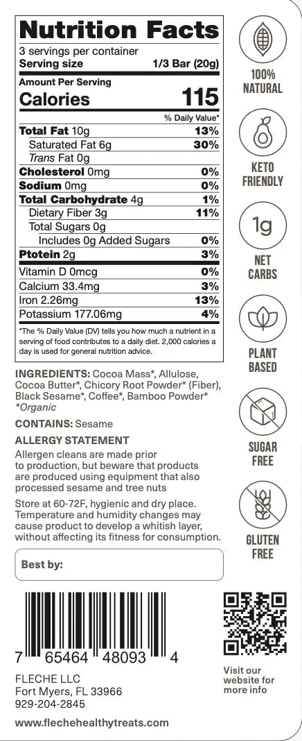 Vegan Sugar Free Coffee & Black Sesame Chocolate Bar | Flèche Healthy Treats - Vegan America