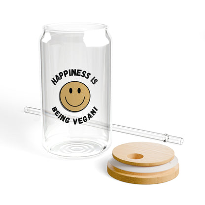 Happiness is Vegan - Jar Glass, 16oz - Vegan America
