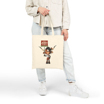Cute Luna the Longhorn Cowgirl Tote Bag - "It's Jerky Y'all" Canvas Grocery/Market Tote