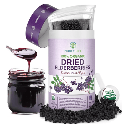 USDA Organic Dried Elderberries with Food - Grade BPA - Free Scoop (Safest Packaging - 1lb) - Vegan America
