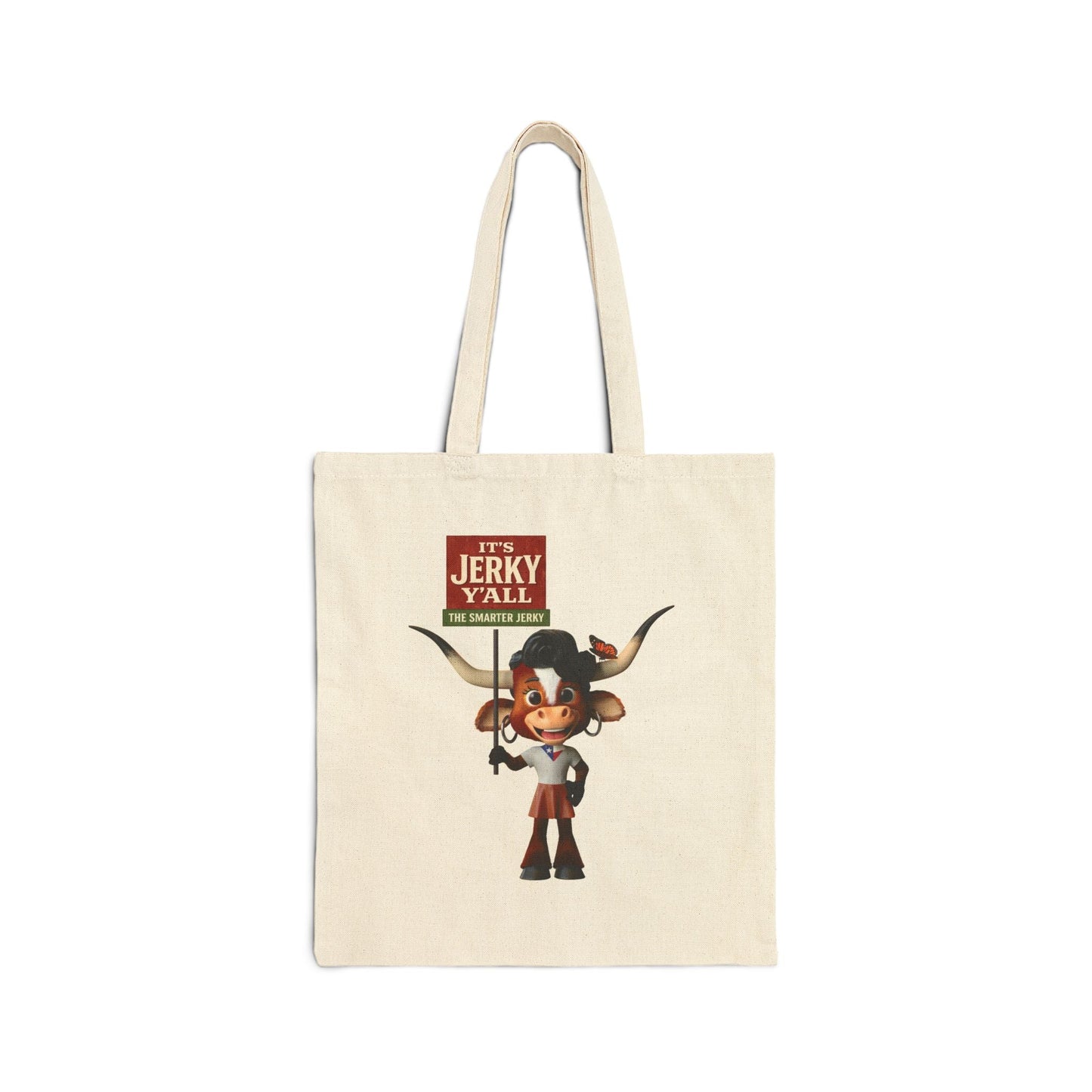 Cute Luna the Longhorn Cowgirl Tote Bag - "It's Jerky Y'all" Canvas Grocery/Market Tote