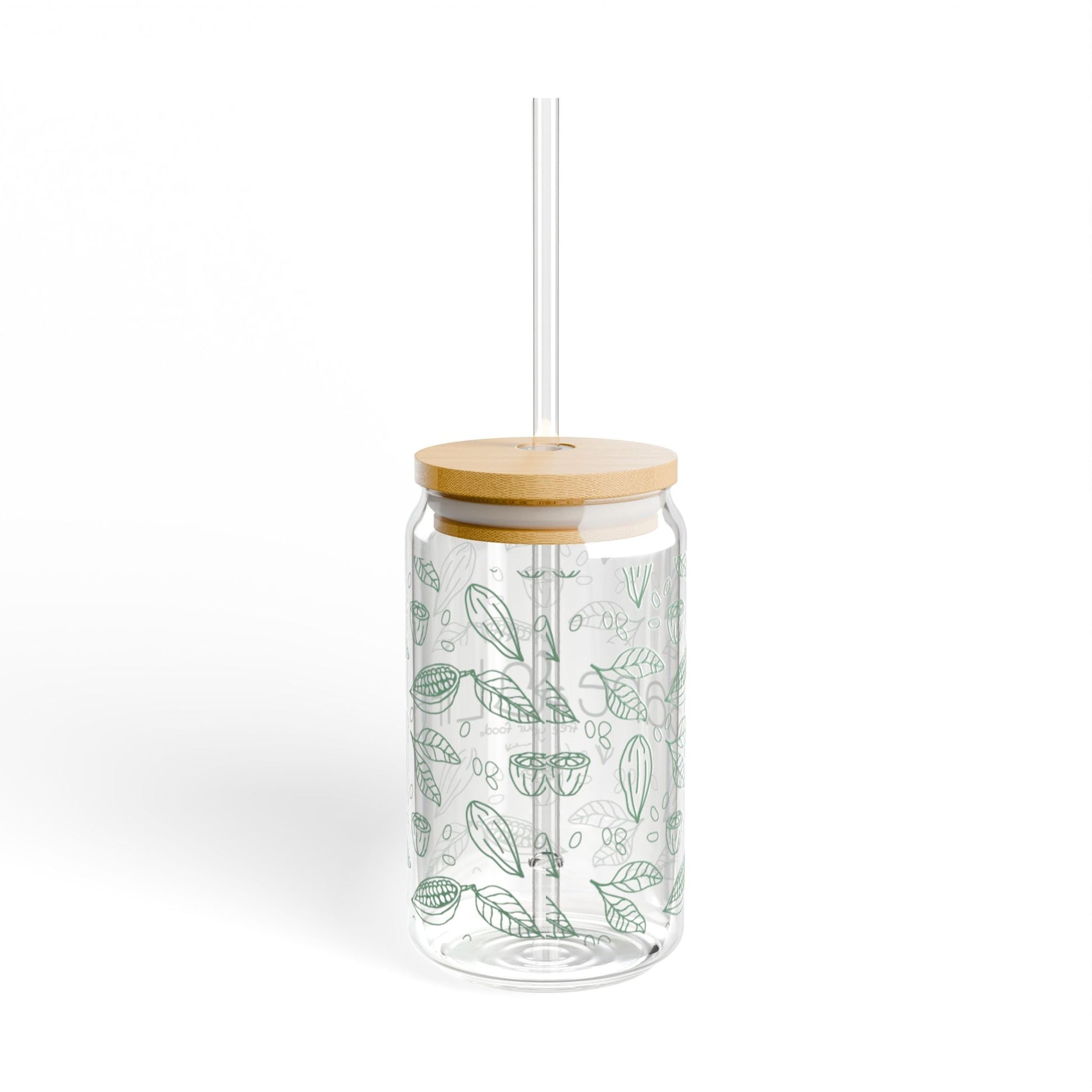 Eco-friendly 16oz glass tumbler with bamboo lid, reusable BPA-free straw, and cocoa-inspired leaf design. Sustainable Bare Life drinkware for hot or cold beverages.