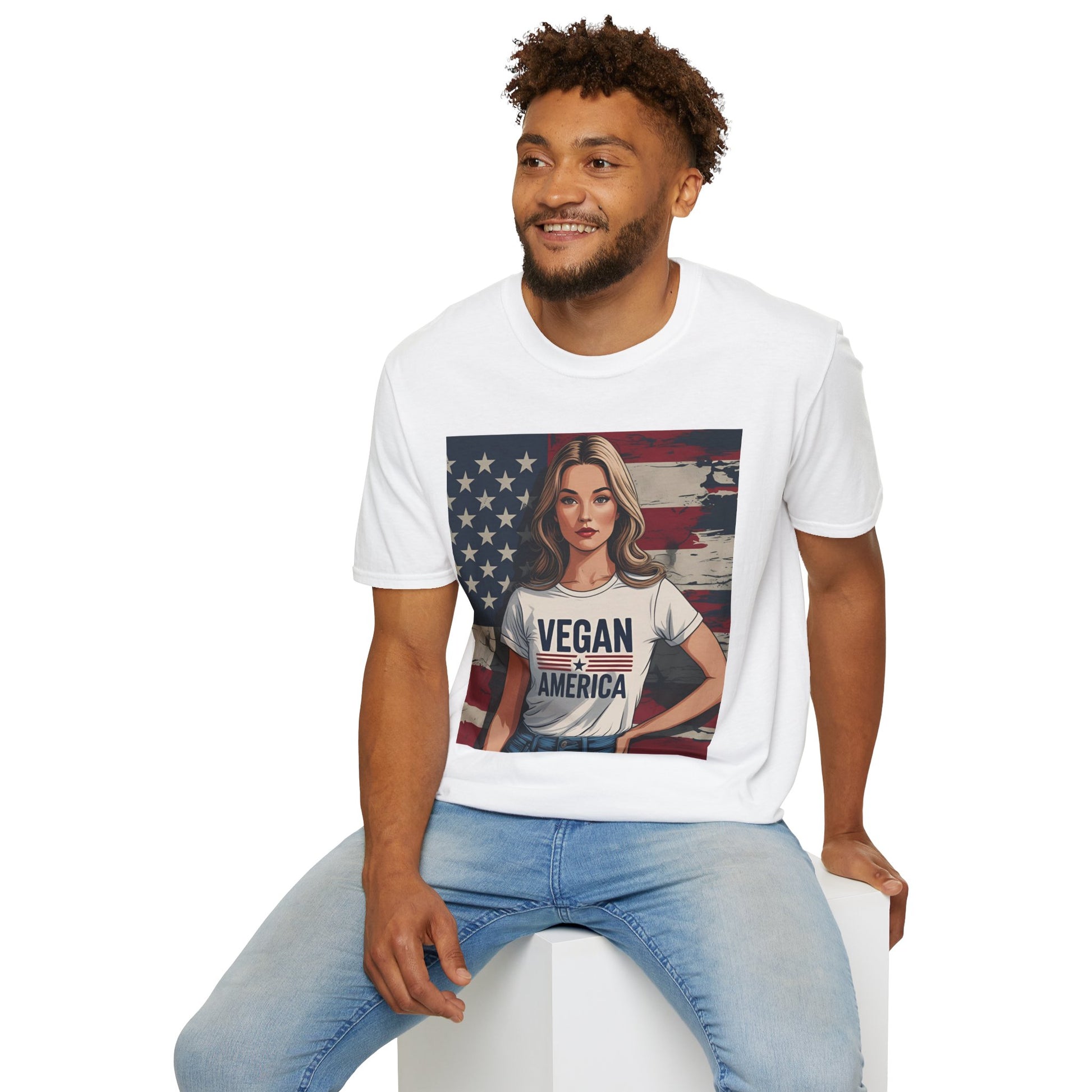 Vegan America T-Shirt | UnisexSoftstyle Tee, Eco - Friendly Fashion, Gift for Vegans, Independence Day Outfit, Casual Wear - Vegan America