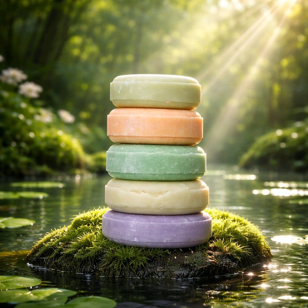 shampoo bars stacked on a rock in a stream for eco-friendly