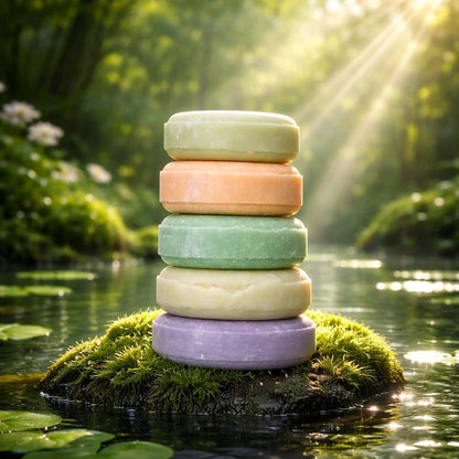 shampoo bars stacked on a rock in a stream for eco-friendly