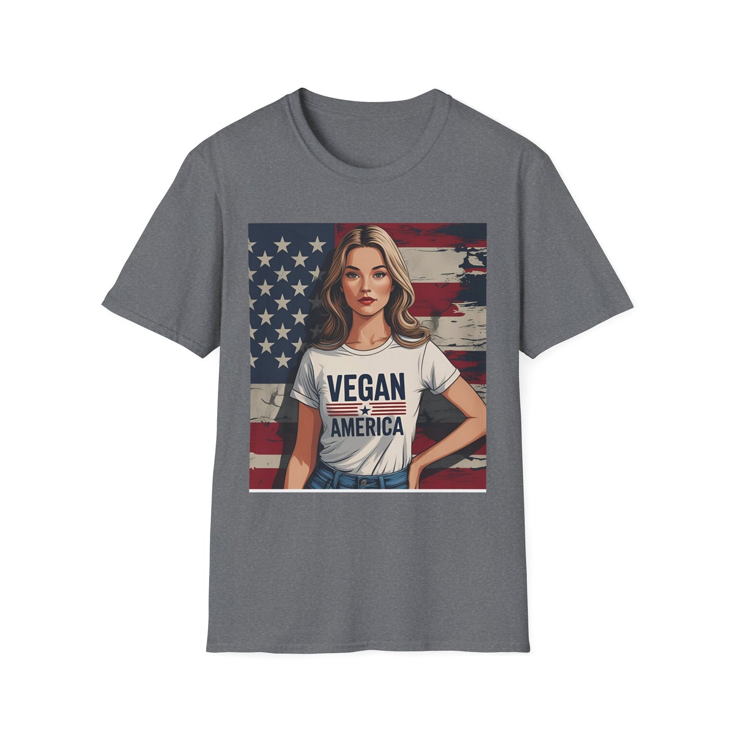 Vegan America T-Shirt | UnisexSoftstyle Tee, Eco - Friendly Fashion, Gift for Vegans, Independence Day Outfit, Casual Wear - Vegan America