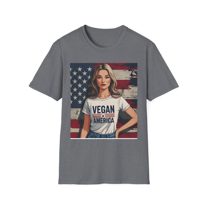 Vegan America T-Shirt | UnisexSoftstyle Tee, Eco - Friendly Fashion, Gift for Vegans, Independence Day Outfit, Casual Wear - Vegan America