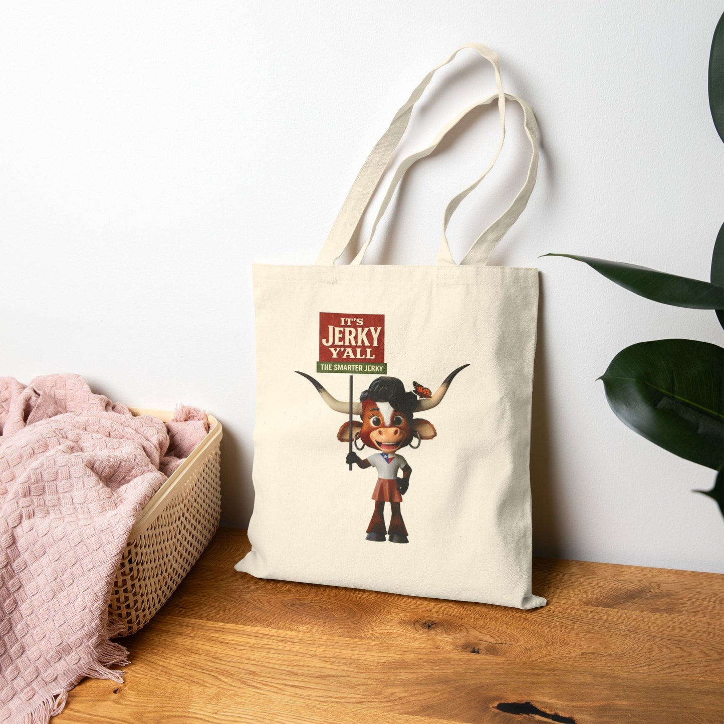 Cute Luna the Longhorn Cowgirl Tote Bag - "It's Jerky Y'all" Canvas Grocery/Market Tote