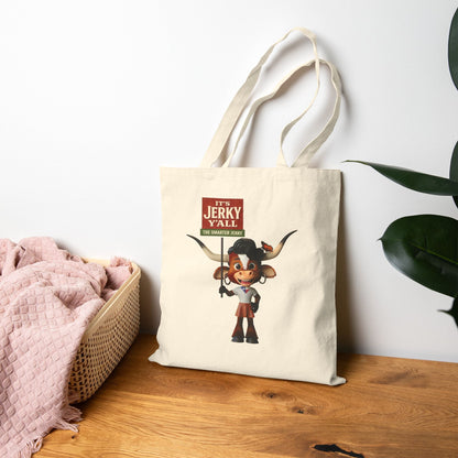 Cute Luna the Longhorn Cowgirl Tote Bag - "It's Jerky Y'all" Canvas Grocery/Market Tote