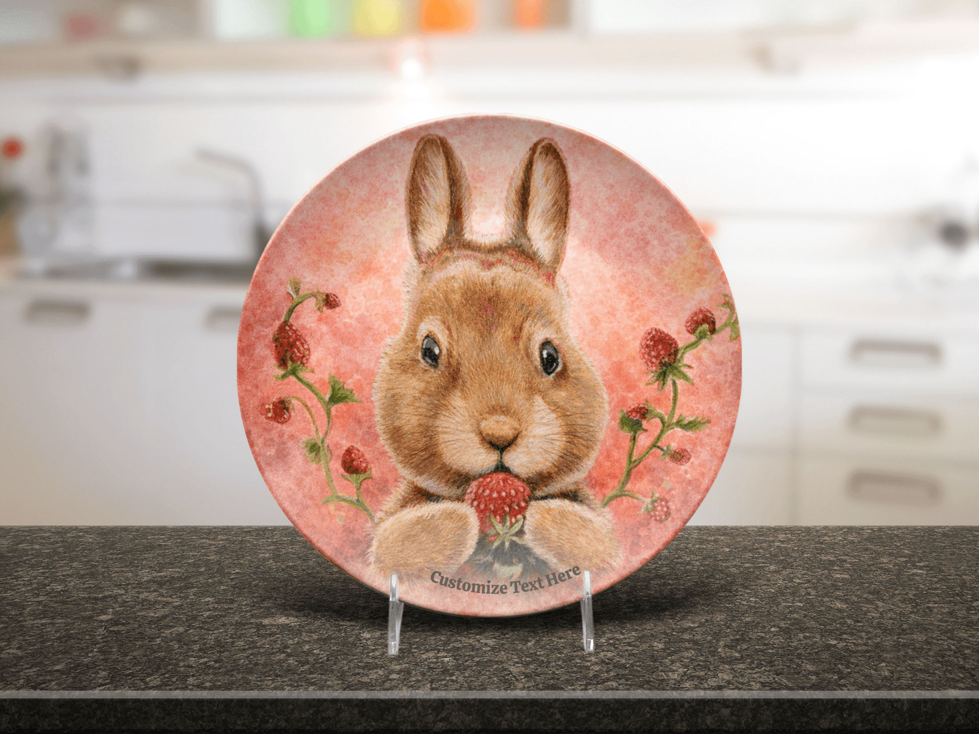 Personalized Kids Plate & Bowl with Bunny & Strawberry – Whimsical Tableware for Children - Vegan America