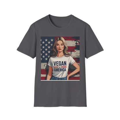 Vegan America T-Shirt | UnisexSoftstyle Tee, Eco - Friendly Fashion, Gift for Vegans, Independence Day Outfit, Casual Wear - Vegan America