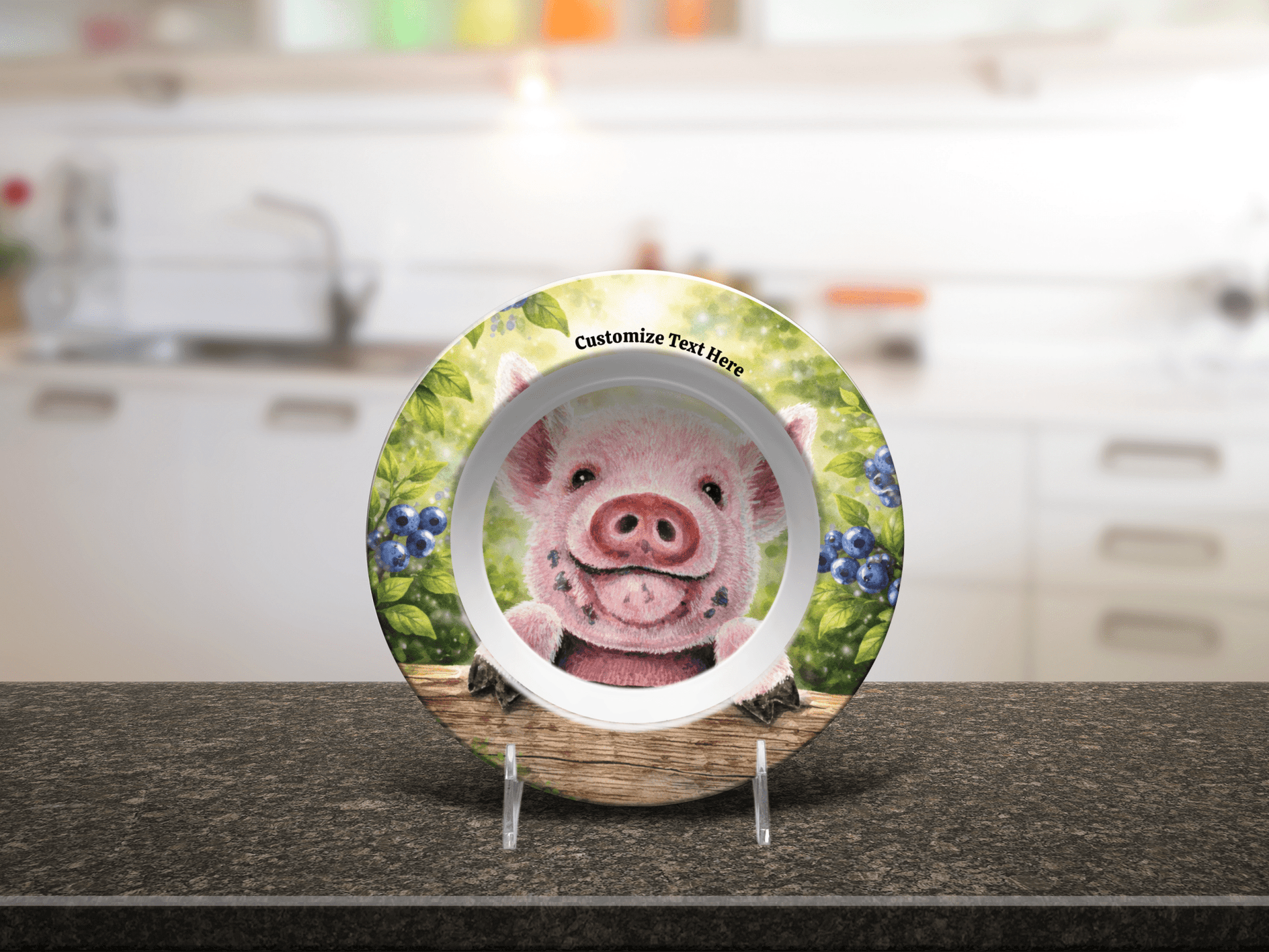Personalized Kids Plate & Bowl with Pig & Blueberries – Whimsical Tableware for Everyone - Vegan America