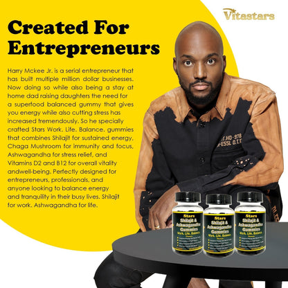 Stars Work. Life. Balance. Shilajit & Ashwagandha Gummies + Chaga Mushroom Vitamin D2 & B12 - Vegan America