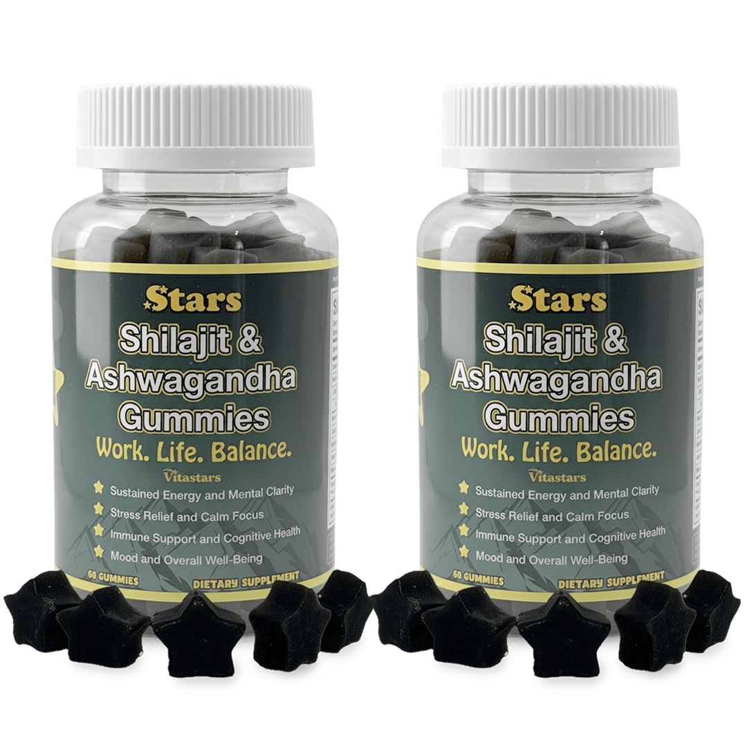 Stars Work. Life. Balance. Shilajit & Ashwagandha Gummies + Chaga Mushroom Vitamin D2 & B12 - Vegan America