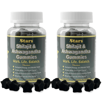 Stars Work. Life. Balance. Shilajit & Ashwagandha Gummies + Chaga Mushroom Vitamin D2 & B12 - Vegan America