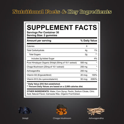 Stars Work. Life. Balance. Shilajit & Ashwagandha Gummies + Chaga Mushroom Vitamin D2 & B12 - Vegan America