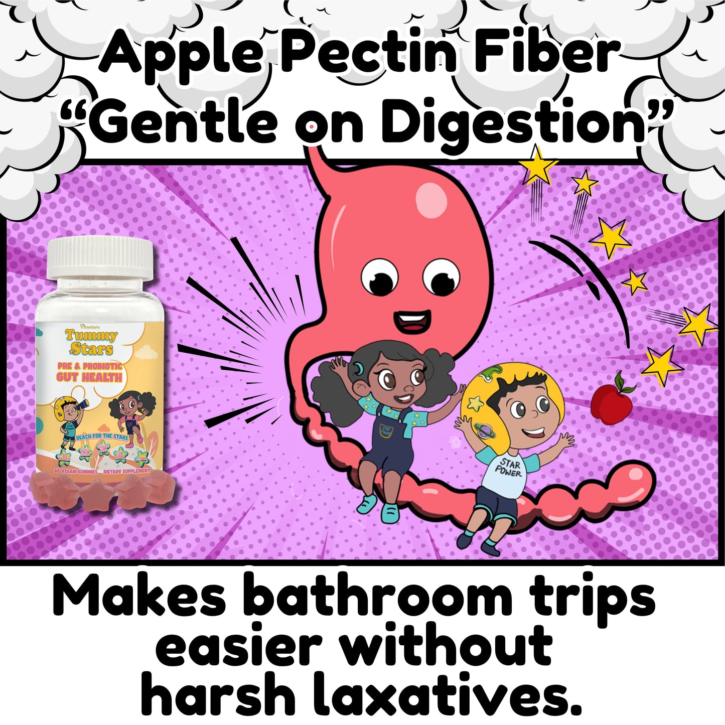 Tummy Stars Kids Prebiotic & Probiotic Gummies + Fiber – Gut Health & Digestion Support for Kids | Promotes Regularity, Detox Support & Mood Support | Vegan, 60 Count