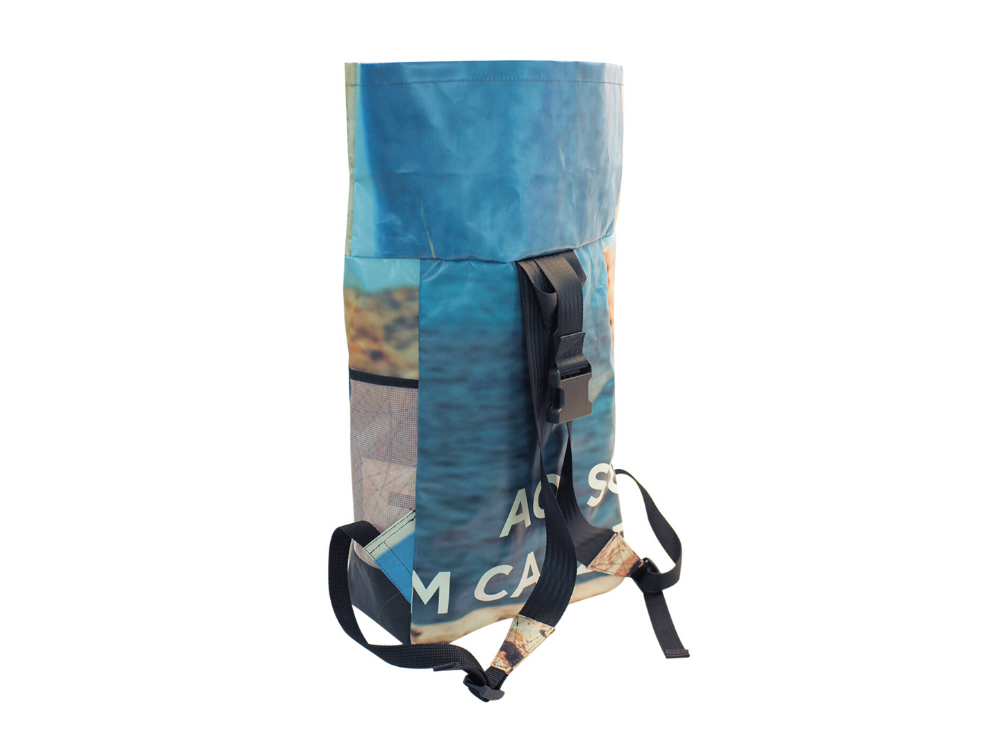 backpack urban publicity banner blue & white letters