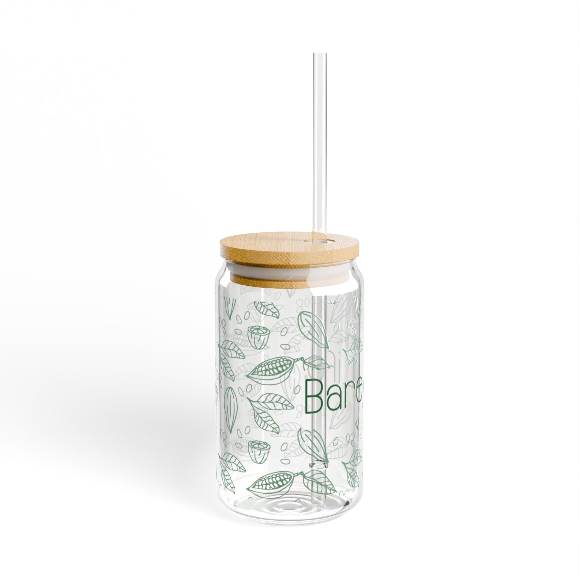 Eco-friendly 16oz glass tumbler with bamboo lid, reusable BPA-free straw, and cocoa-inspired leaf design. Sustainable Bare Life drinkware for hot or cold beverages.