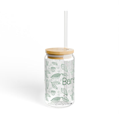 Eco-friendly 16oz glass tumbler with bamboo lid, reusable BPA-free straw, and cocoa-inspired leaf design. Sustainable Bare Life drinkware for hot or cold beverages.