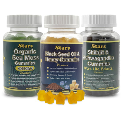 Beauty, Wellness, & Clarity Pack: Black Seed Oil, Sea Moss, Shilajit & Ashwagandha Gummies for Digestive Health, Energy, and Skin Care, Antioxidant & Immune Boost for Men & Women, 3-Pack