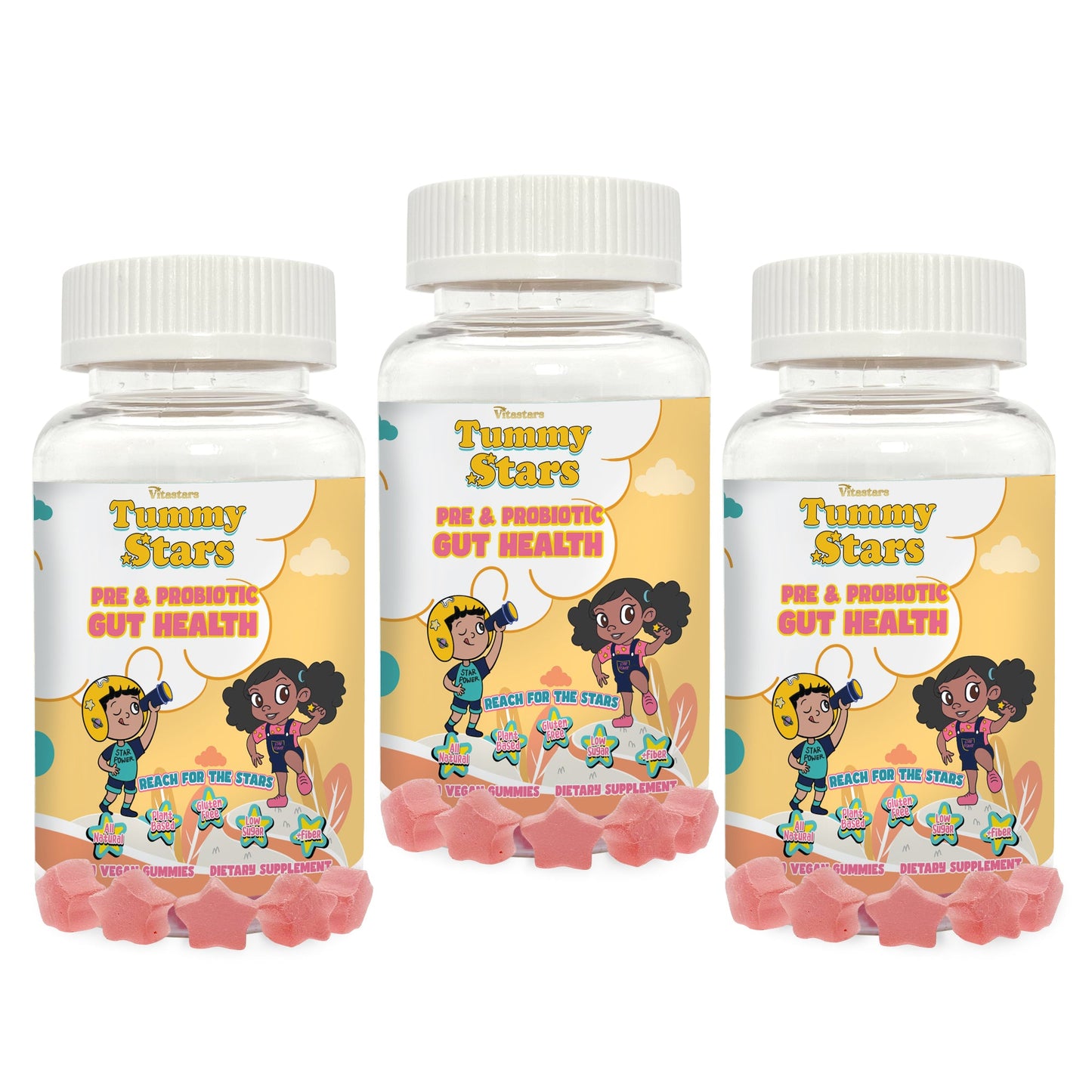 Tummy Stars Kids Prebiotic & Probiotic Gummies + Fiber – Gut Health & Digestion Support for Kids | Promotes Regularity, Detox Support & Mood Support | Vegan, 60 Count