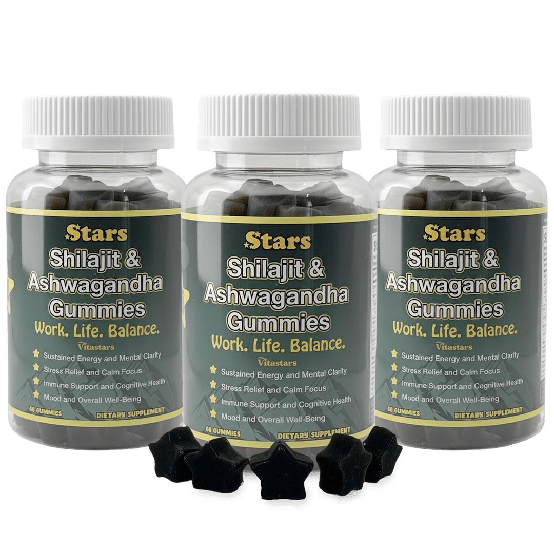 Stars Work. Life. Balance. Shilajit & Ashwagandha Gummies + Chaga Mushroom Vitamin D2 & B12 - Vegan America