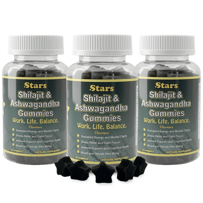 Stars Work. Life. Balance. Shilajit & Ashwagandha Gummies + Chaga Mushroom Vitamin D2 & B12 - Vegan America