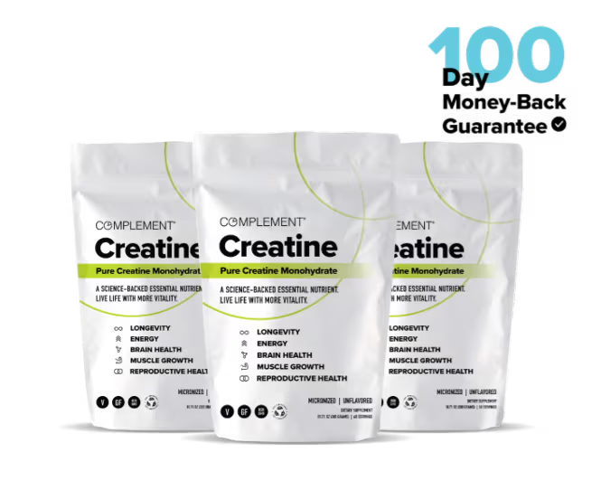 Three white pouches of COMPLEMENT® Creatine by Complement are shown against a white background with a blue 100 in the top right. The packaging highlights benefits such as muscle growth, energy, longevity, and brain health.
