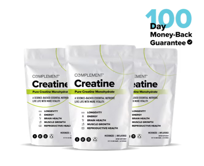 Three white pouches of COMPLEMENT® Creatine by Complement are shown against a white background with a blue 100 in the top right. The packaging highlights benefits such as muscle growth, energy, longevity, and brain health.
