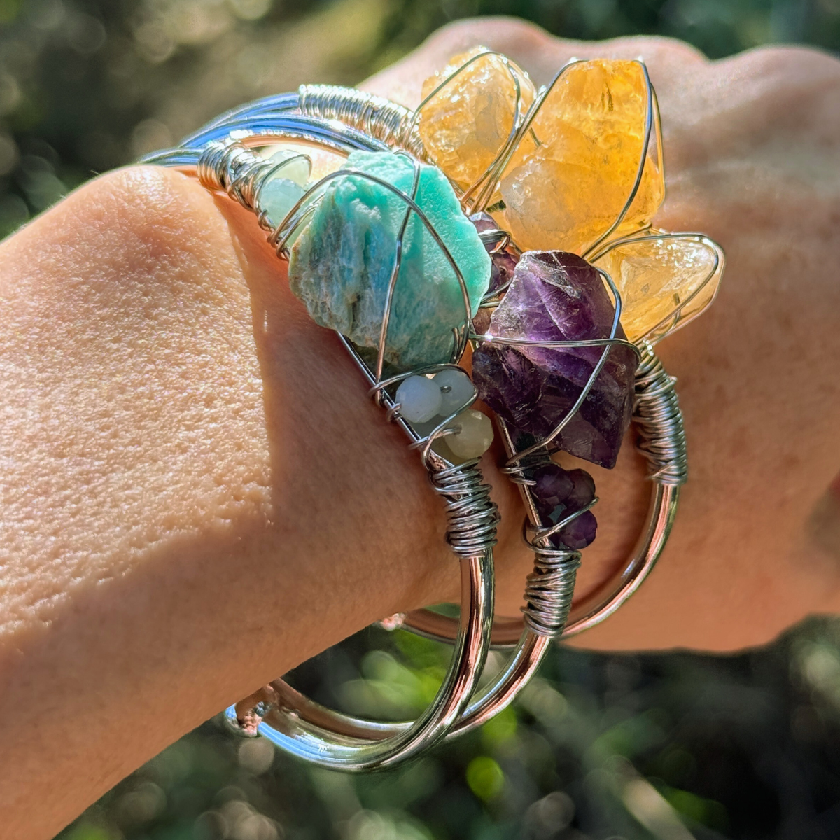 Gemstone Wire-Wrapped Bracelets - White Gold