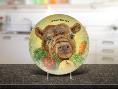 Personalized Plate & Bowl with Cow & Garden Veggies – Whimsical Tableware for Everyone